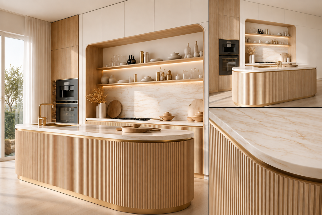 VCCUCINE-PWFD006 Modern White Melamine Kitchen Cabinetry with Curved Oak Fluted Island for AU Apartment Projects