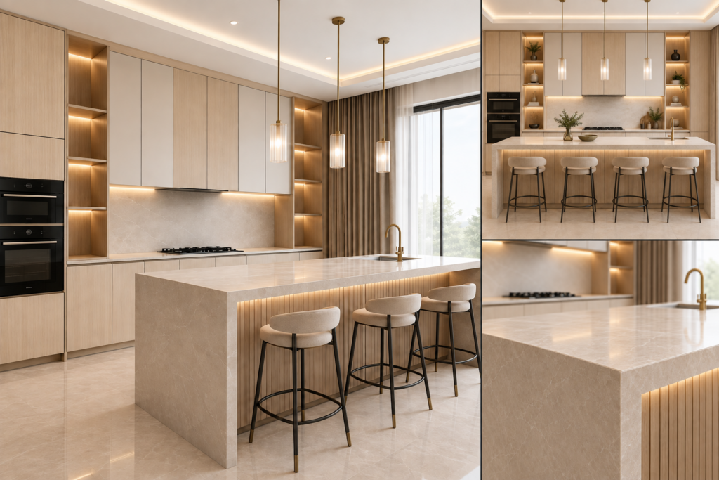 VCCUCINE-OWFD006 Minimalist 2Pac Light-Oak Kitchen Cabinetry with White Quartz Island for AU Apartment Projects