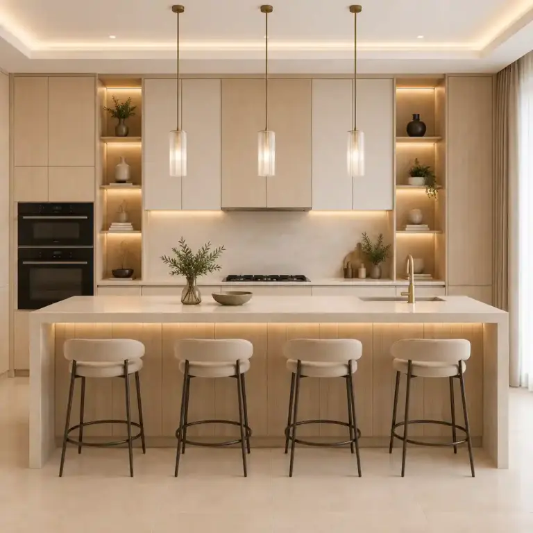 VCCUCINE-OWFD006 Minimalist 2Pac Light-Oak Kitchen Cabinetry with White Quartz Island for AU Apartment Projects