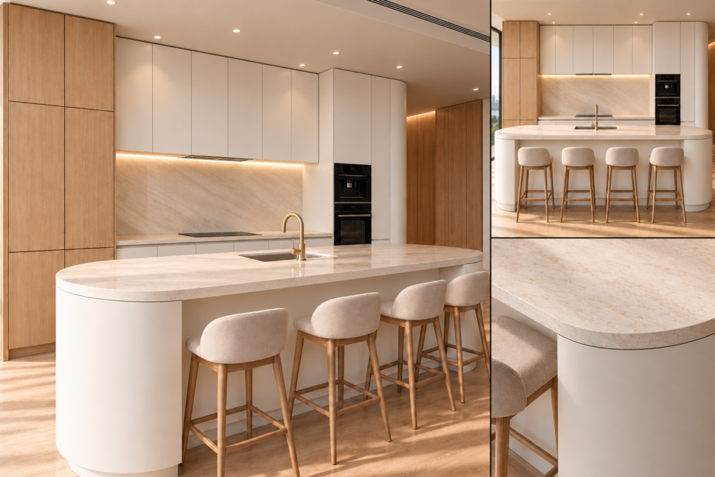 VCCUCINE-OWCW Minimalist 2Pac Light-Oak Kitchen Cabinetry with White Quartz Curved Island for AU Apartment Projects