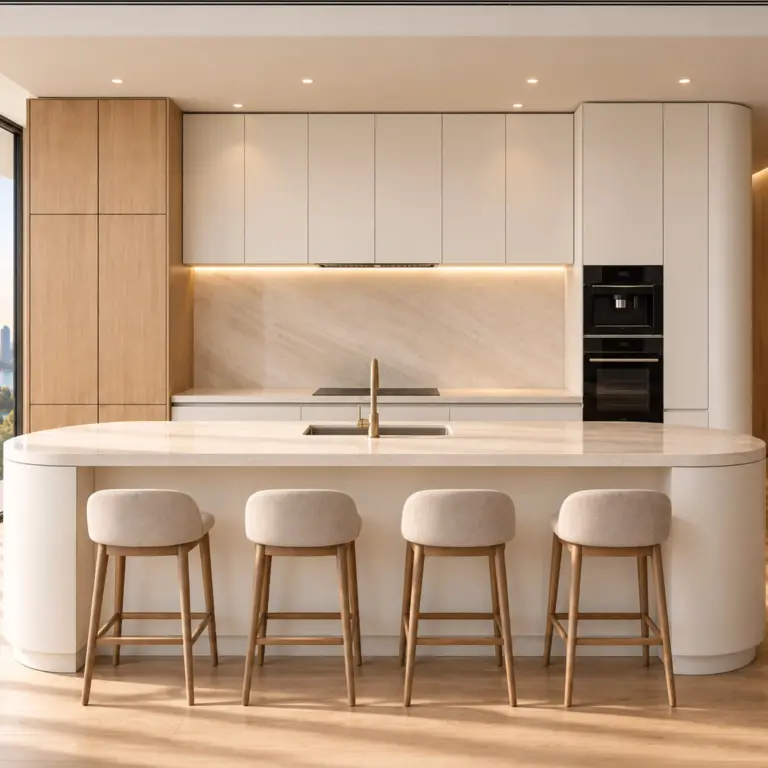 VCCUCINE-OWCW Minimalist 2Pac Light-Oak Kitchen Cabinetry with White Quartz Curved Island for AU Apartment Projects