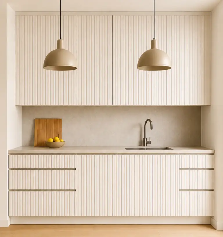 VCCUCINE-FD003 Modern Handleless Cream-White Fluted Melamine Kitchen Cabinetry for AU Apartment Projects