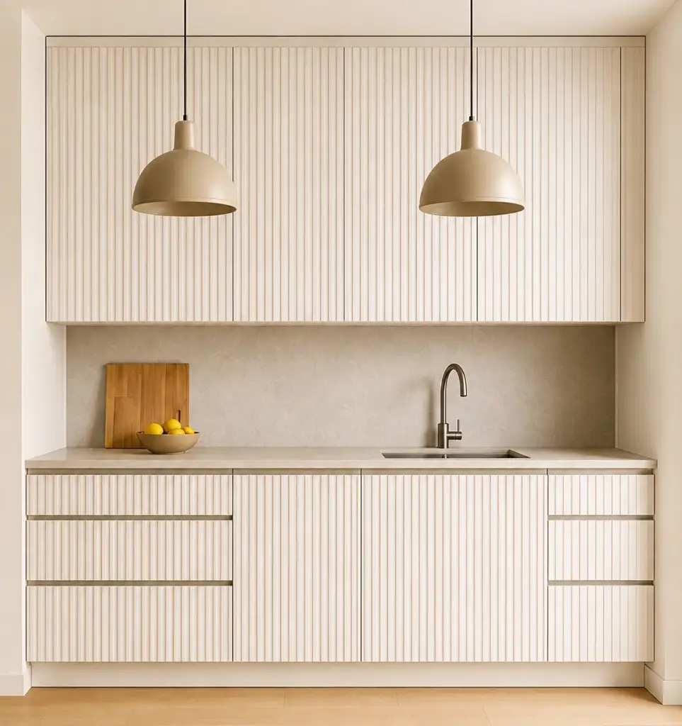 VCCUCINE-FD003 Modern Handleless Cream-White Fluted Melamine Kitchen Cabinetry for AU Apartment Projects