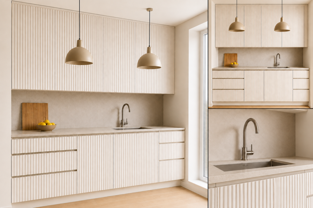 VCCUCINE-FD003 Modern Handleless Cream-White Fluted Melamine Kitchen Cabinetry for AU Apartment Projects