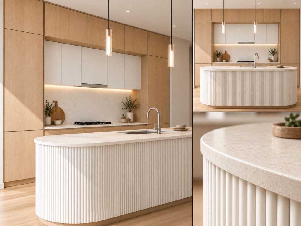 VCCUCINE-LAFD003 Minimalist Light Oak and Warm White Kitchen Cabinetry with Bespoke Curved Fluted Island for Australia