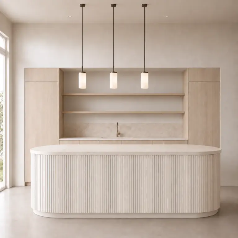 VCCUCINE–NOFD007 Simple Modern Matte Off White Oak Melamine Kitchen Cabinetry Bench With Curved Fluted Island For Australian Custom Wholesale
