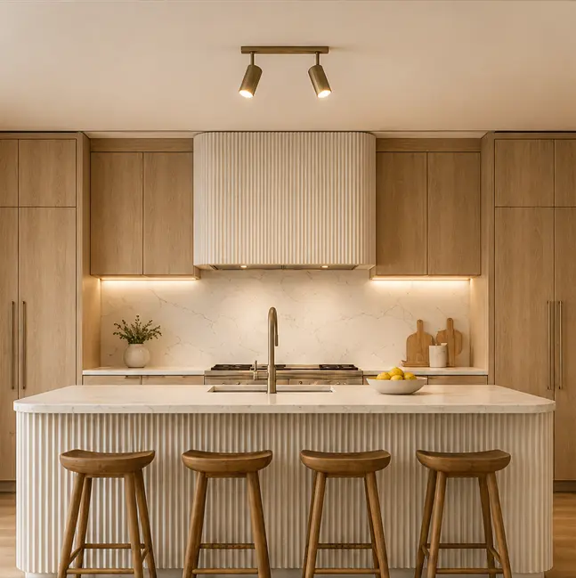 VCCUCINE-LABFD003 Light Ash Blonde Natural Wood Veneer Modern Kitchen Cabinet with White Curved Fluted Island Factory Direct
