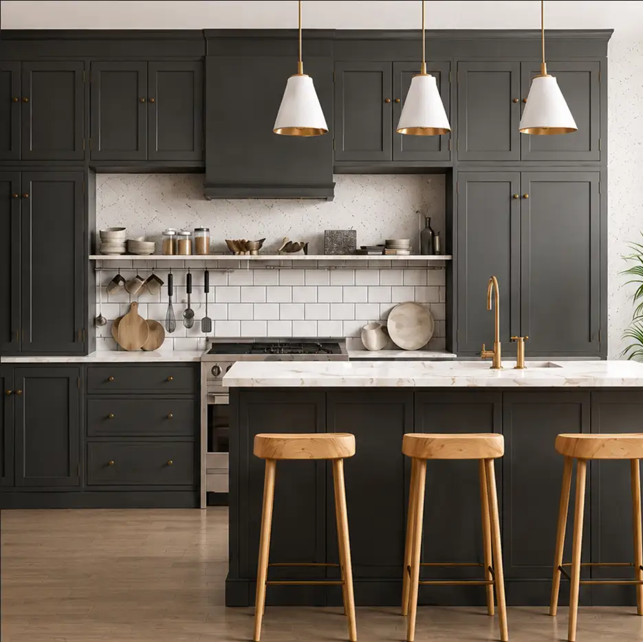 VCCUCINE-CSSR001 Charcoal Slate Matte 2 PAC Modern Inset Shaker Kitchen Cabinetry with White Quartz Island Worktop Eco-Friendly for Australia Project