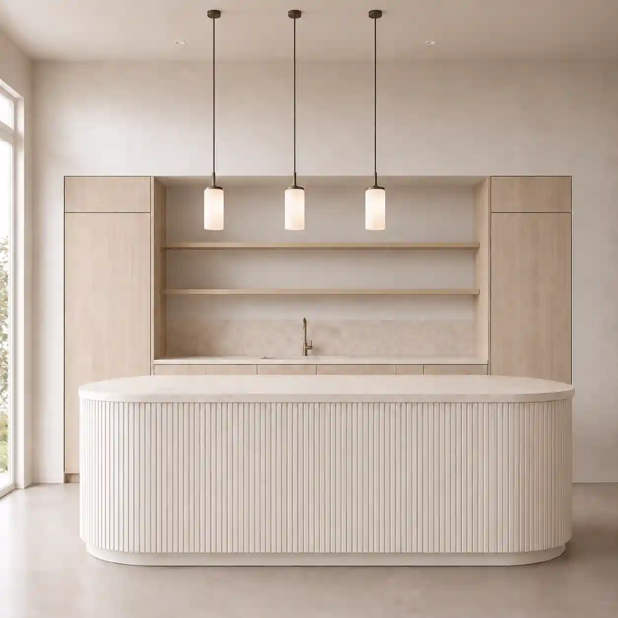 Minimalist light‑toned kitchen interior, fluted curved island bench, open recessed display shelving, three pendant lights, soft neutral colour palette, residential joinery render for new build projects