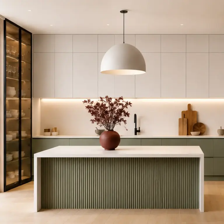 VCCUCINE-SGFD005 Minimalist Off-White and Sage Green 2 PAC Modern Kitchen Cabinetry with Fluted Island Customized for Australia Builder