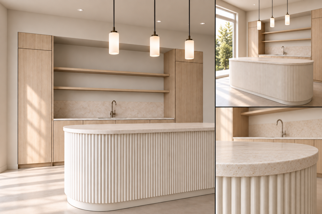 VCCUCINE–NOFD007 Simple Modern Matte Off White Oak Melamine Kitchen Cabinetry Bench With Curved Fluted Island For Australian Custom Wholesale