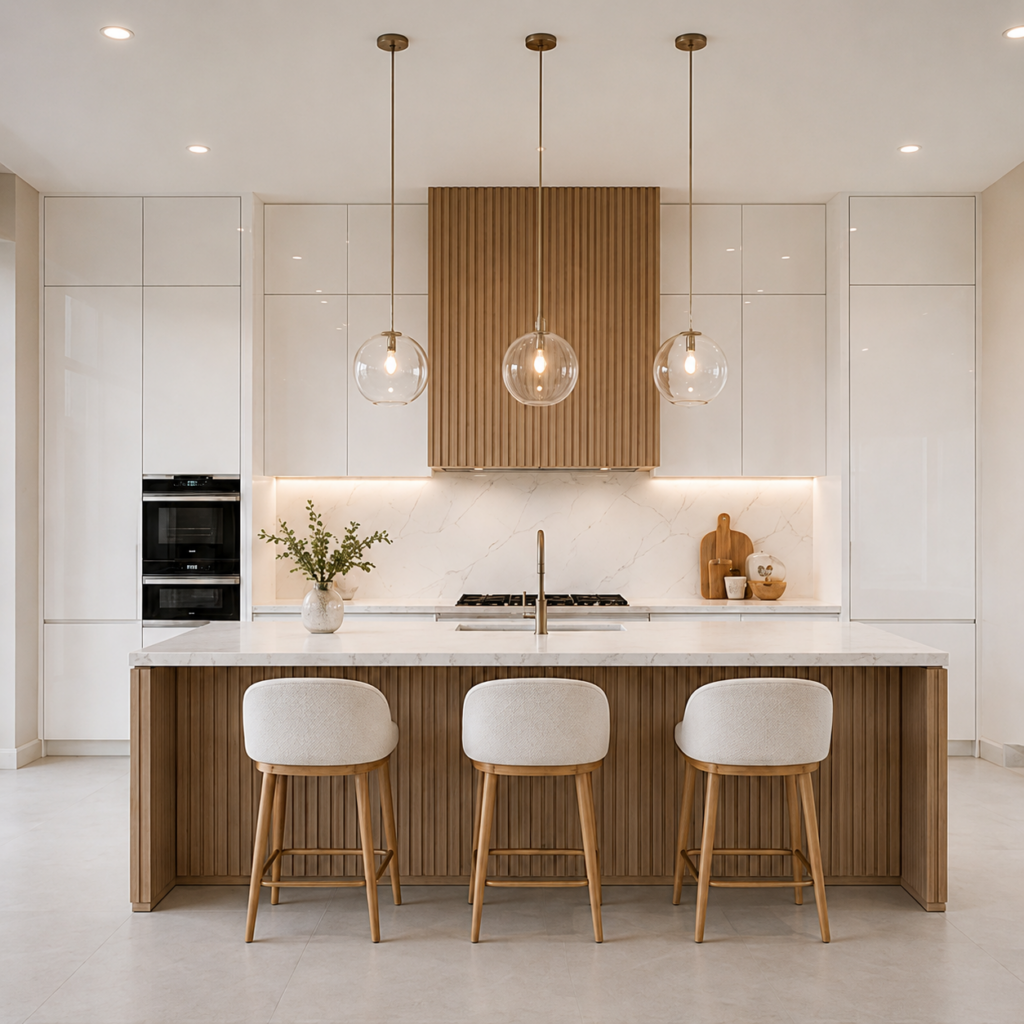 VCCUCINE-OWFD004-Modern White High-Gloss Lacquer Modern Kitchen Cabinetry with Natural Oak Fluted Island Eco-Friendly for Australia Wholesale
