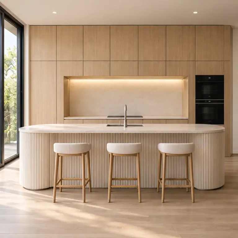 VCCUCINE–NOFD007 Minimalist White And Veneer Handleless Kitchen Cabinetry With Fluted Curved Melamine Island Bench For Australian Bulider
