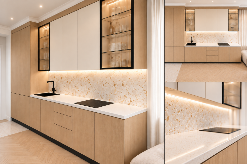 VCCUCINE-OWSP 2Pac Oak-Veneer Kitchen Cabinetry Fluted Glass Cabinet for AU Apartment Projects