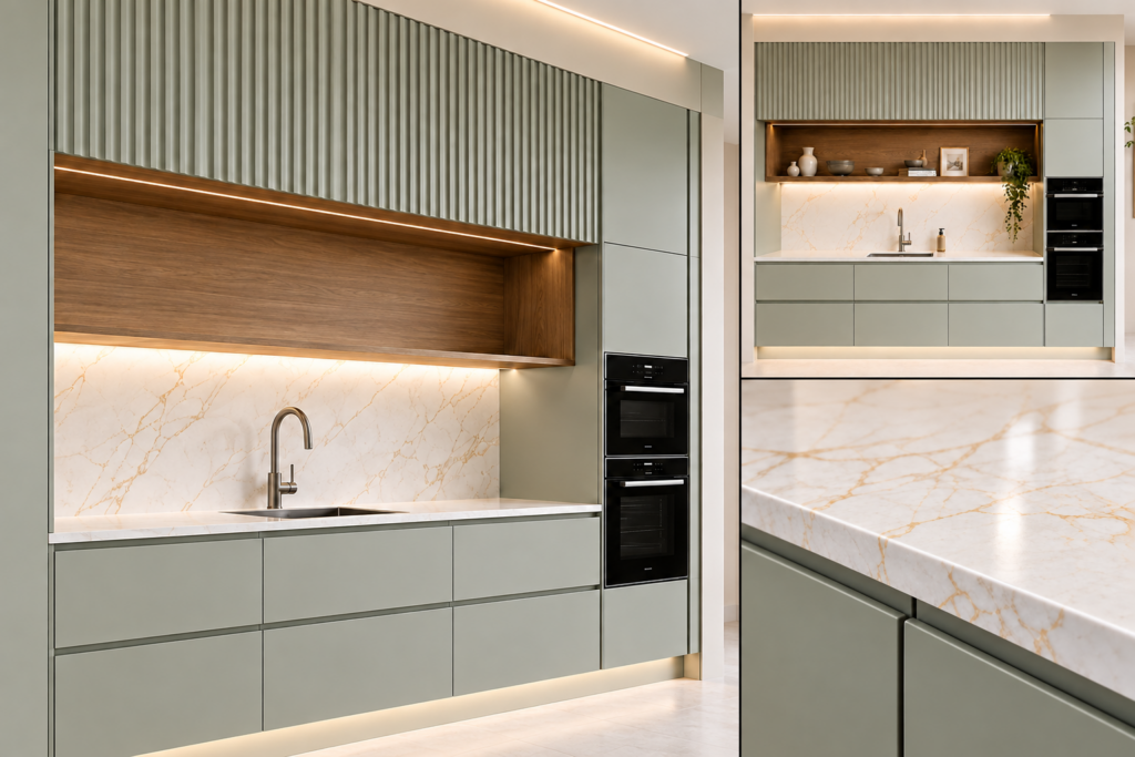 VCCUCINE-SGFD001 Sage-Green Melamine Fluted Kitchen Cabinetry for AU Apartment Projects