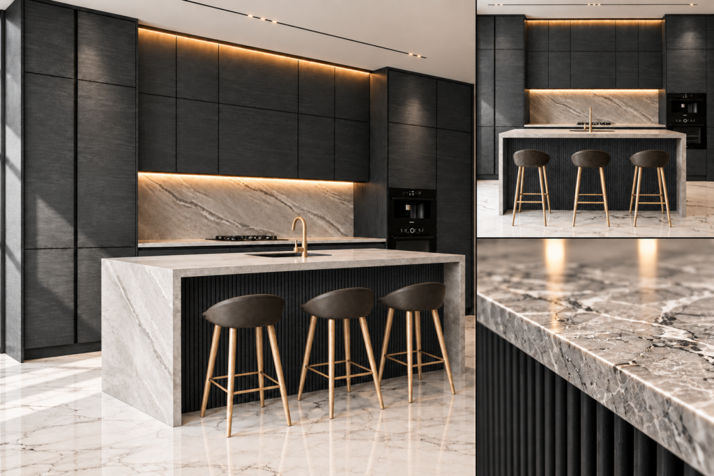 VCCUCINE-DASO Black-Oak Handleless Kitchen Cabinetry with Black Fluted Island for AU Apartment Projects