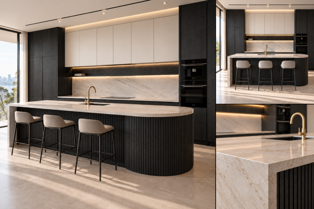 VCCUCINE-PWSO Black-Oak & White-Melamine Kitchen Cabinetry | Curved Fluted Island for AU Projects