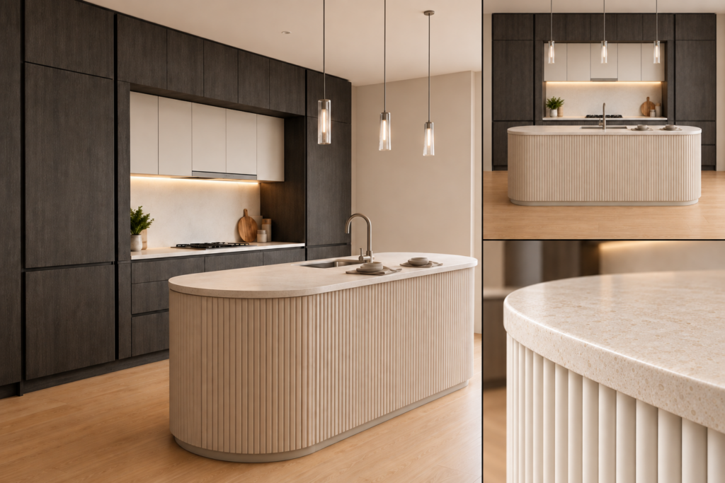 VCCUCINE–DACB Modern Handleless Matte Black Oak And White Melamine Contrast Flat Panel Kitchen Cabinetry with White Fluted Curved Kitchen Island for Australia Project Apartment