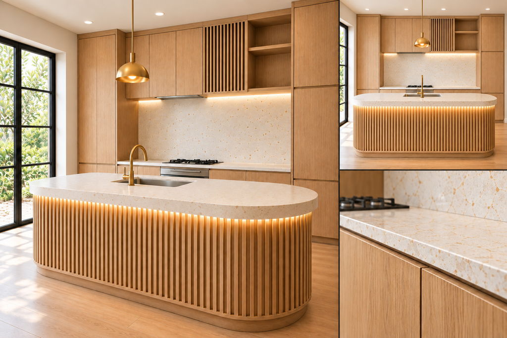 VCCUCINE-DASO Handleless Black Oak Kitchen Cabinetry with Curved Fluted Island for AU Apartment Projects