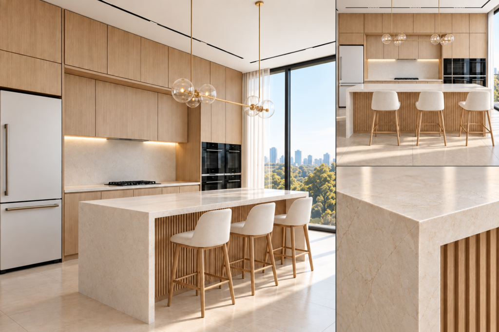 VCCUCINE-MNFD002 Handleless Light Oak Veneer Kitchen Cabinetry with Fluted Island for AU Apartment Projects