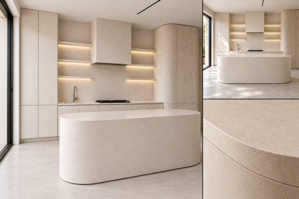 VCCUCINE-PWCB Handleless Off-White Melamine Kitchen Cabinetry with Curved Island for AU Apartment Projects