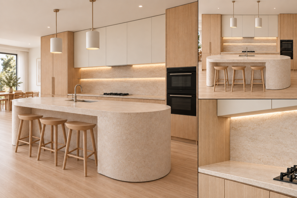 VCCUCINE-CBOW Handleless White 2Pac Kitchen Cabinetry with Fluted Curved Island for AU Apartment Projects