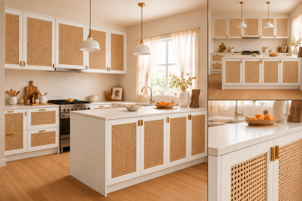 VCCUCINE-PWRN007 Bohemian Vintage Coastal White Rattan Malemine Kitchen Cabinetry with Kitchen Island for Australian Project