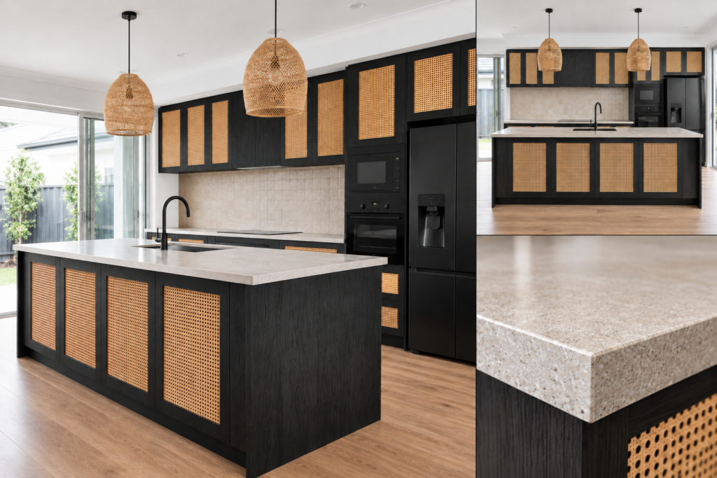 VCCUCINE-SORN006 Bohemian Handleless Coastal Black Charcoal Rattan Malamine Kitchen Cabinetry with Kitchen Island for Australian Project