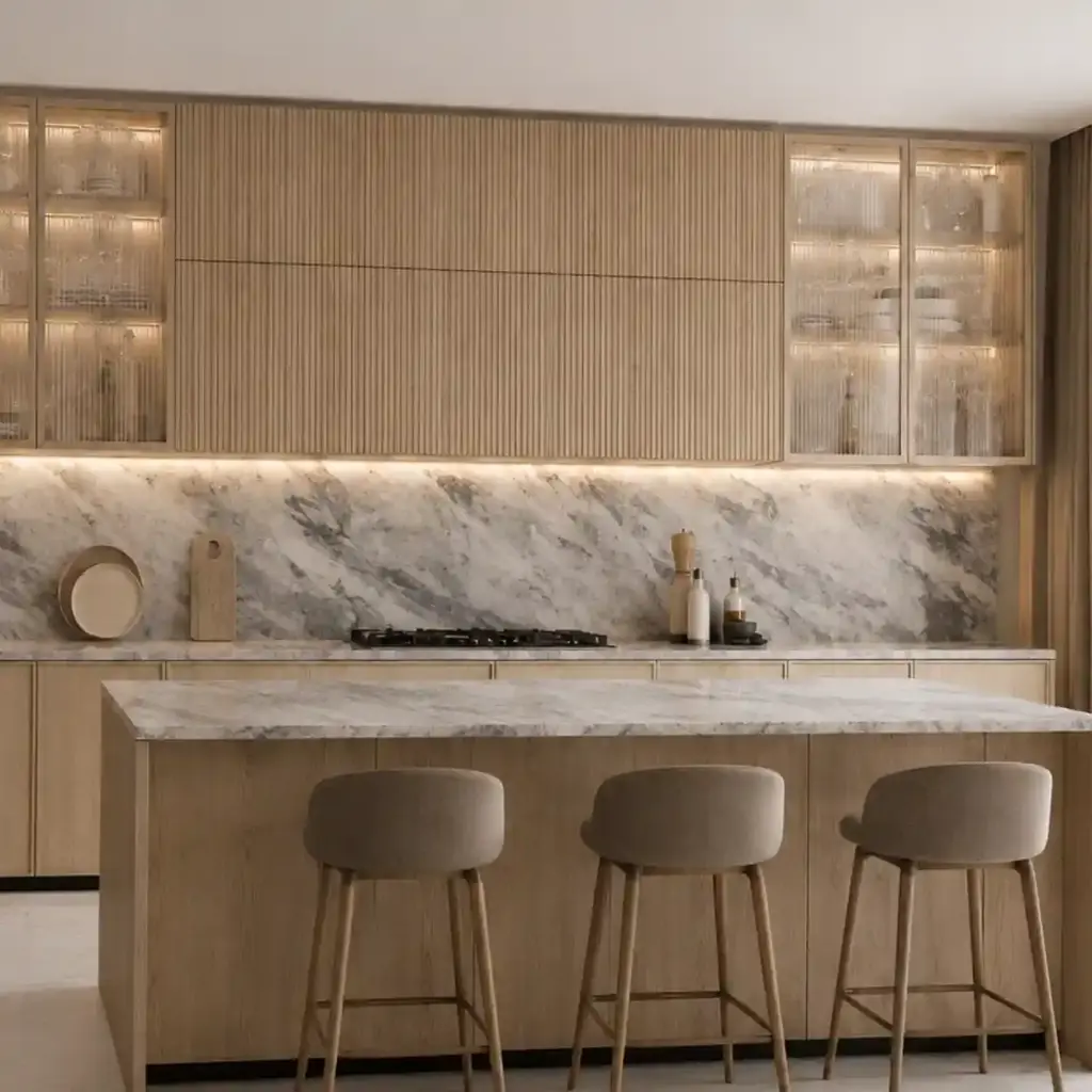 VCCUCINE-LOFD005 Contemporary Minimalist Light Oak Veneer Handleless Fluted Kitchen Cabinetry with Island for Australia Project