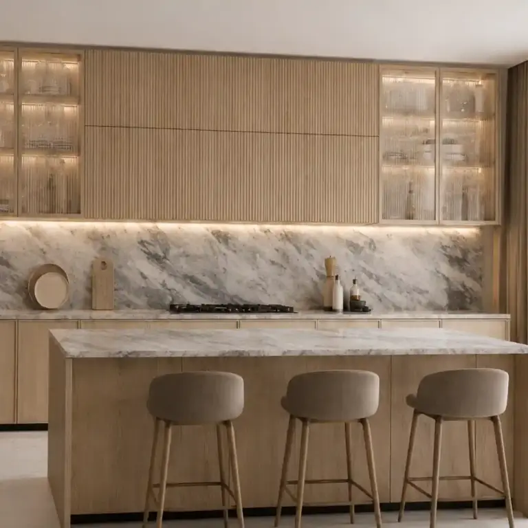 VCCUCINE-LOFD005 Contemporary Minimalist Light Oak Veneer Handleless Fluted Kitchen Cabinetry with Island for Australia Project