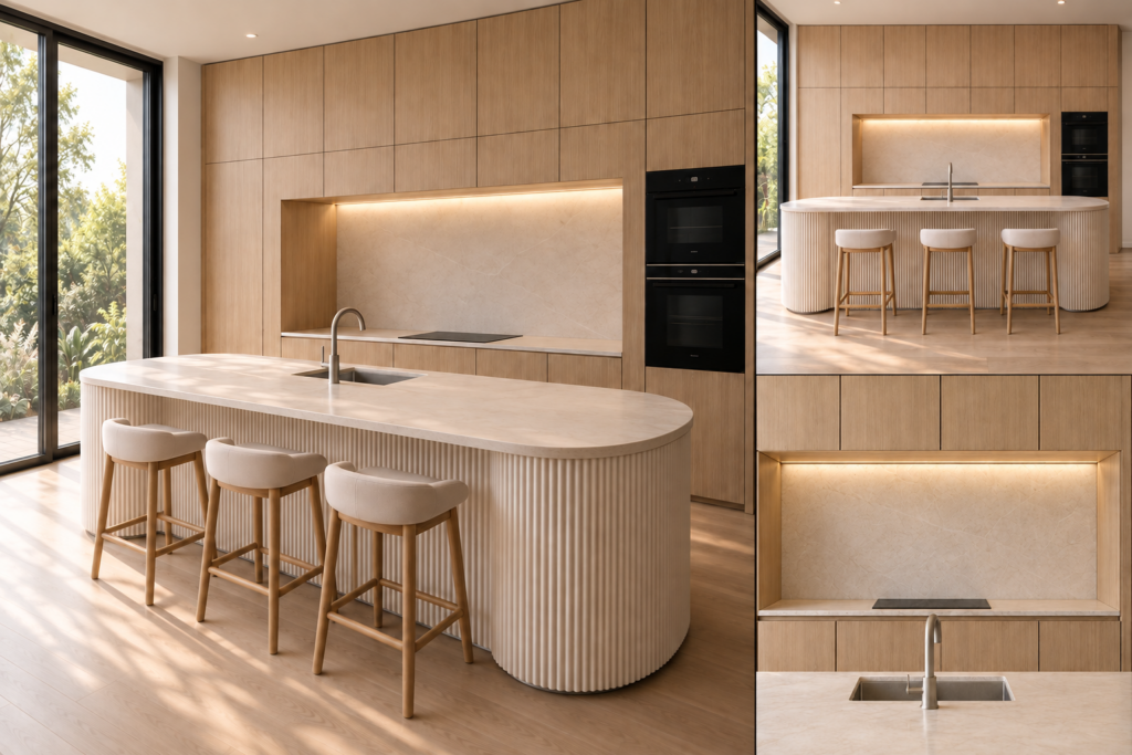 VCCUCINE–NOFD007 Minimalist White And Veneer Handleless Kitchen Cabinetry With Fluted Curved Melamine Island Bench For Australian Bulider