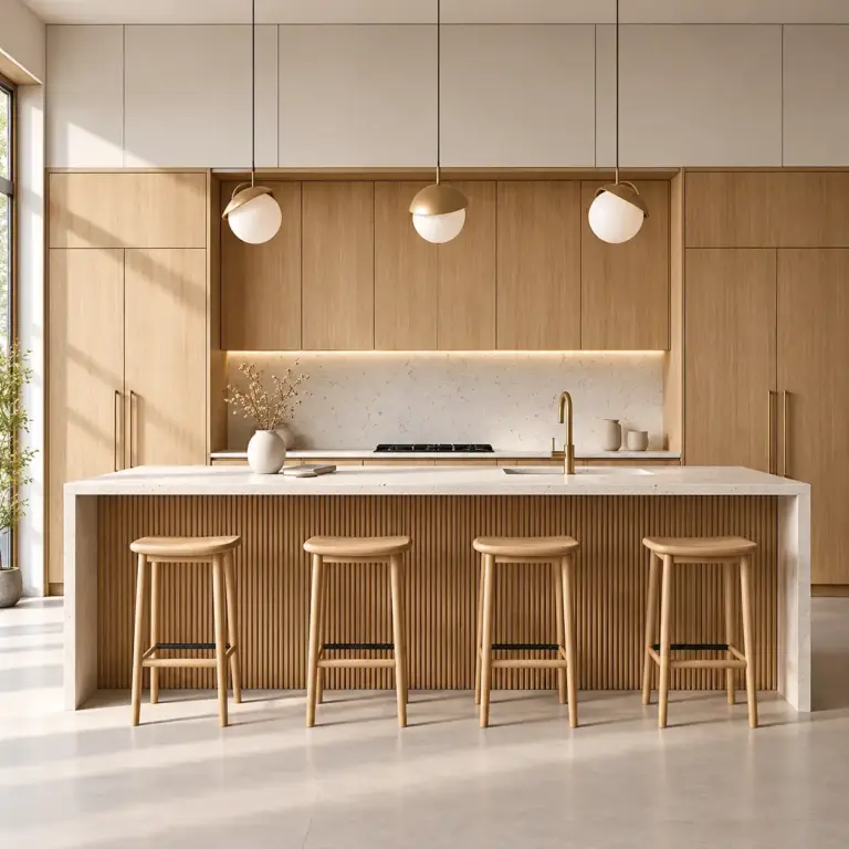VCCUCINE–NOFD004 Minimalist Light Oak Wood Veneer Kitchen Cabinetry with Curved Fluted Island Bench for Australian Builder