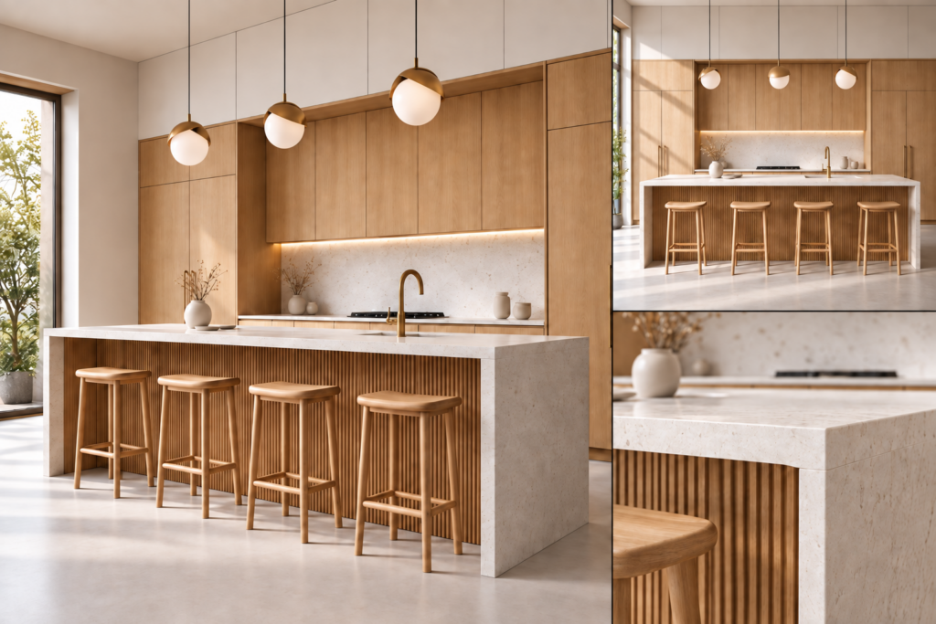 VCCUCINE–NOFD004 Minimalist Light Oak Wood Veneer Kitchen Cabinetry with Curved Fluted Island Bench for Australian Builder