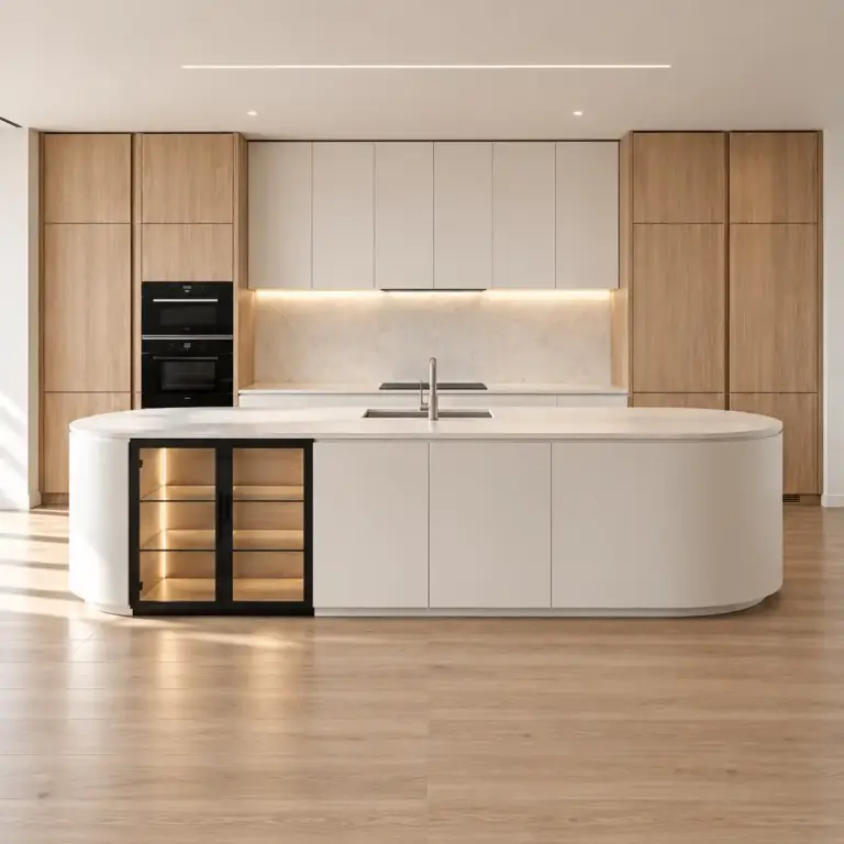 VCCUCINE-NOSW Minimalist Wood-Veneer Flat-Pack Kitchen Cabinetry Curved Island for AU Builder Projects