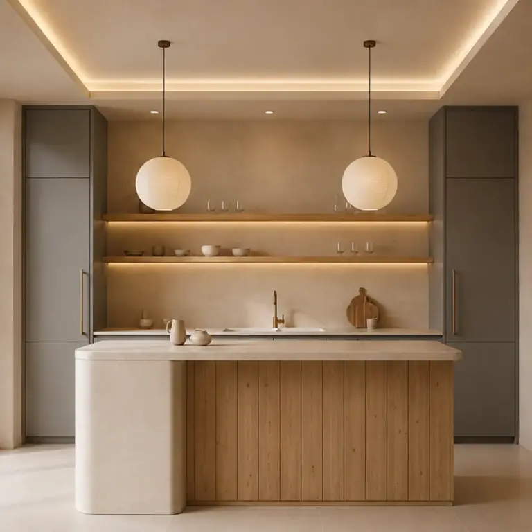 VCCUCINE-WGFD003 Contemporary Minimalist Warm Greige 2PAC Flat Panel and Light Oak Veneer Handleless Kitchen Cabinetry with Curved Slatted Island