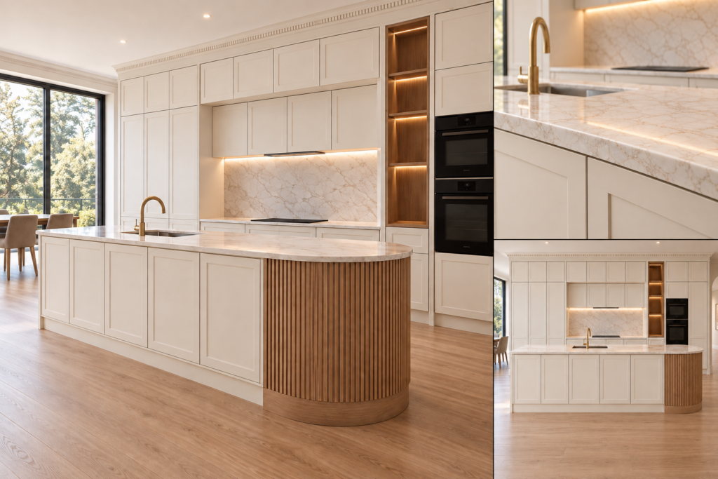 VCCUCINE-OWFD004 Modern Handleless White Shaker Melamine Kitchen Cabinetry with Fluted Curved Island for Australian Project