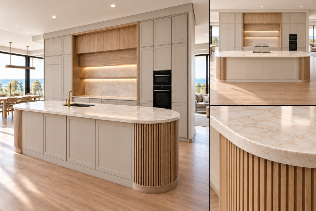 VCCUCINE-OWFD006 现代奢华无把手米白色谢克风格三聚氰胺厨房橱柜，配橡木凹槽弧形中岛，适用于澳大利亚项目