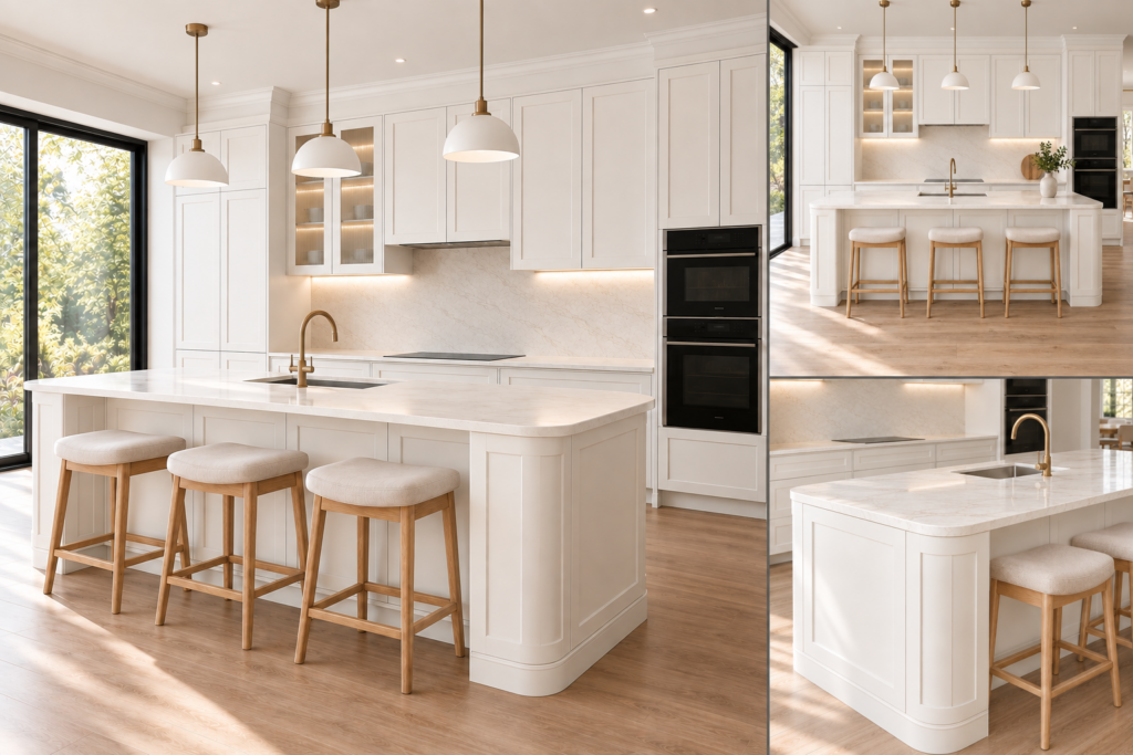 VCCUCINE-PWSR005 Minimalist Handleless White Shaker Melamine Kitchen Cabinetry with Kitchen Island for Australian Project