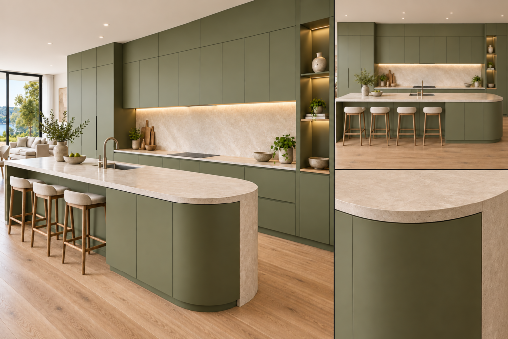 VCCUCINE-ODSG Minimalist Handleless Olive Green Laminate Flat Panel Kitchen Cabinetry with Curved Island for Australian Project