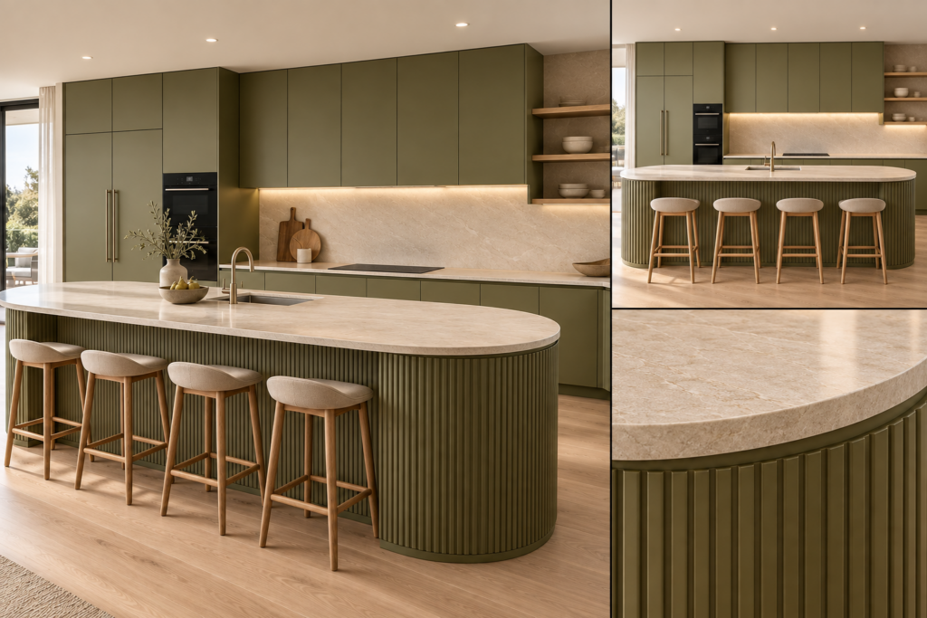 VCCUCINE-ODFD005 Modern Contemporary Olive Green Matte 2Pac Flat Panel Kitchen Cabinetry with Fluted Curved Island for Australian Project