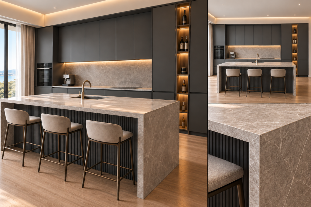 VCCUCINE-CSFD008 Minimalist Dark Grey Matte Laminate Flat Panel Kitchen Cabinetry with Fluted Island for Australian Project