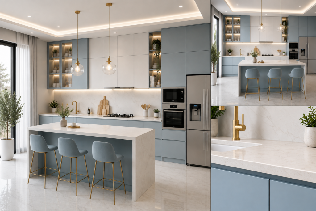 VCCUCINE-OWSB 适用于澳大利亚项目的现代无把手白色和蓝色三聚氰胺平板式厨房橱柜，配有石英石厨房岛台