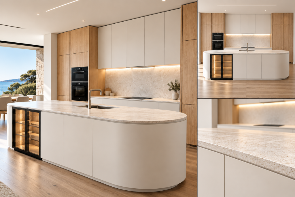 VCCUCINE-NOSW Minimalist Wood-Veneer Flat-Pack Kitchen Cabinetry Curved Island for AU Builder Projects