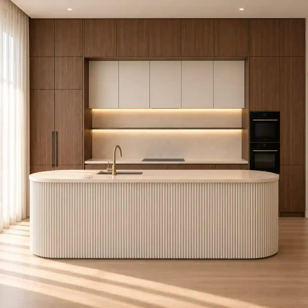 VCCUCINE-EAWFD003 Walnut-Veneer Kitchen Cabinetry with White Fluted Curved Island for AU Projects