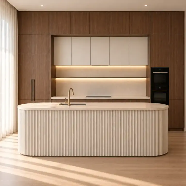 VCCUCINE-EAWFD003 Walnut-Veneer Kitchen Cabinetry with White Fluted Curved Island for AU Projects