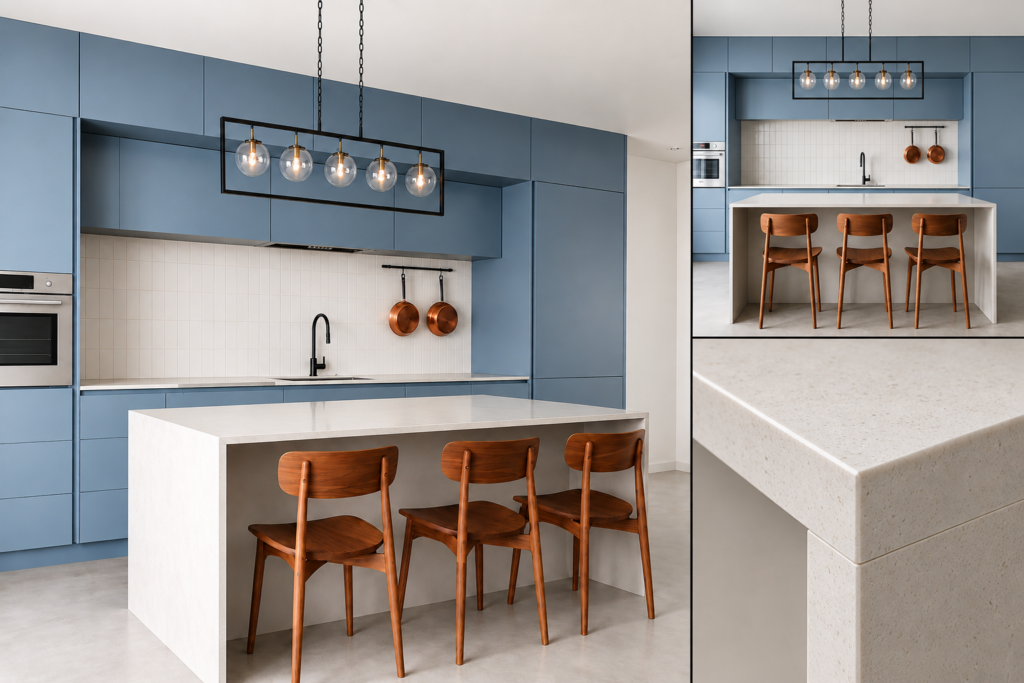 VCCUCINE-SGSB Minimalist Handleless Blue Grey 2Pac Flat Panel Kitchen Cabinetry with Quartz Kitchen Island for Australian Project