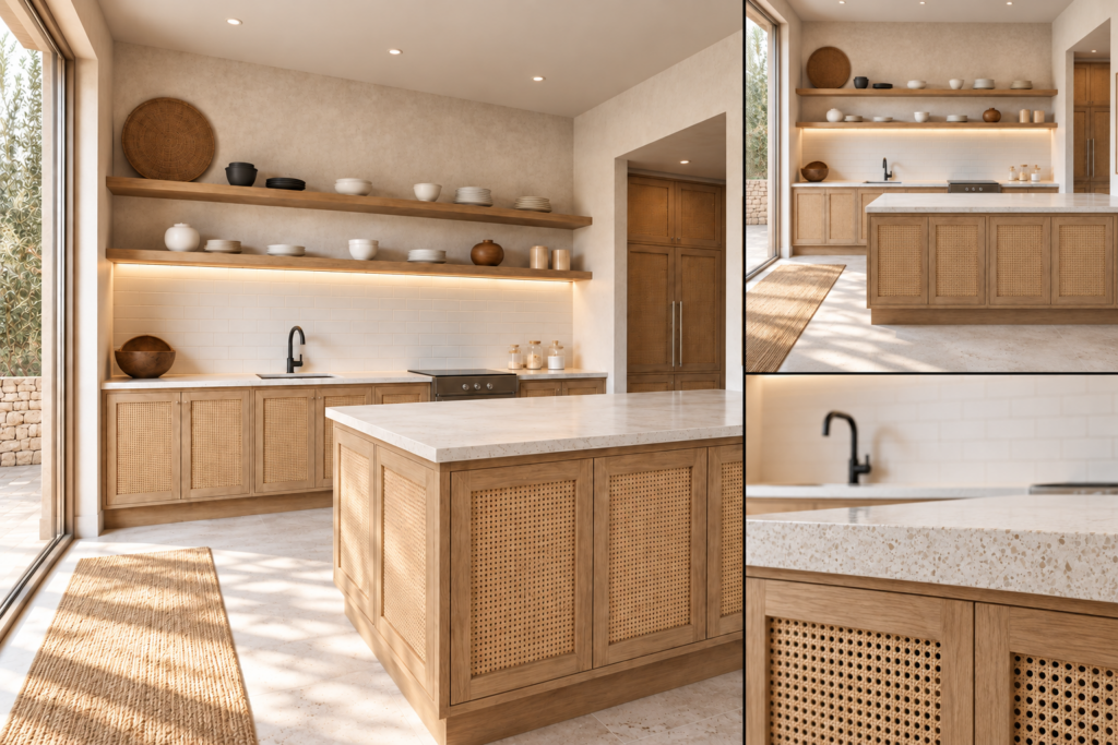 VCCUCINE-MNRN007 Bohemian Warm Minimalist Rattan Panel Kitchen Cabinetry with Kitchen Island for Australian Project