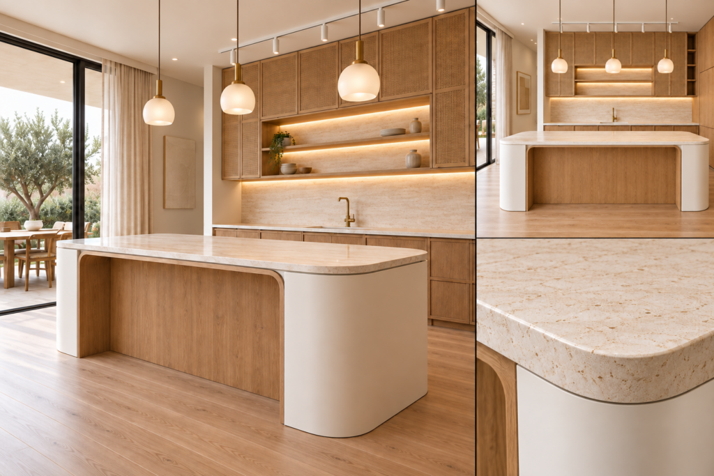 VCCUCINE-STCW Modern Contemporary Oak Melamine Rattan Kitchen Cabinetry with Kitchen Island for Australian Project