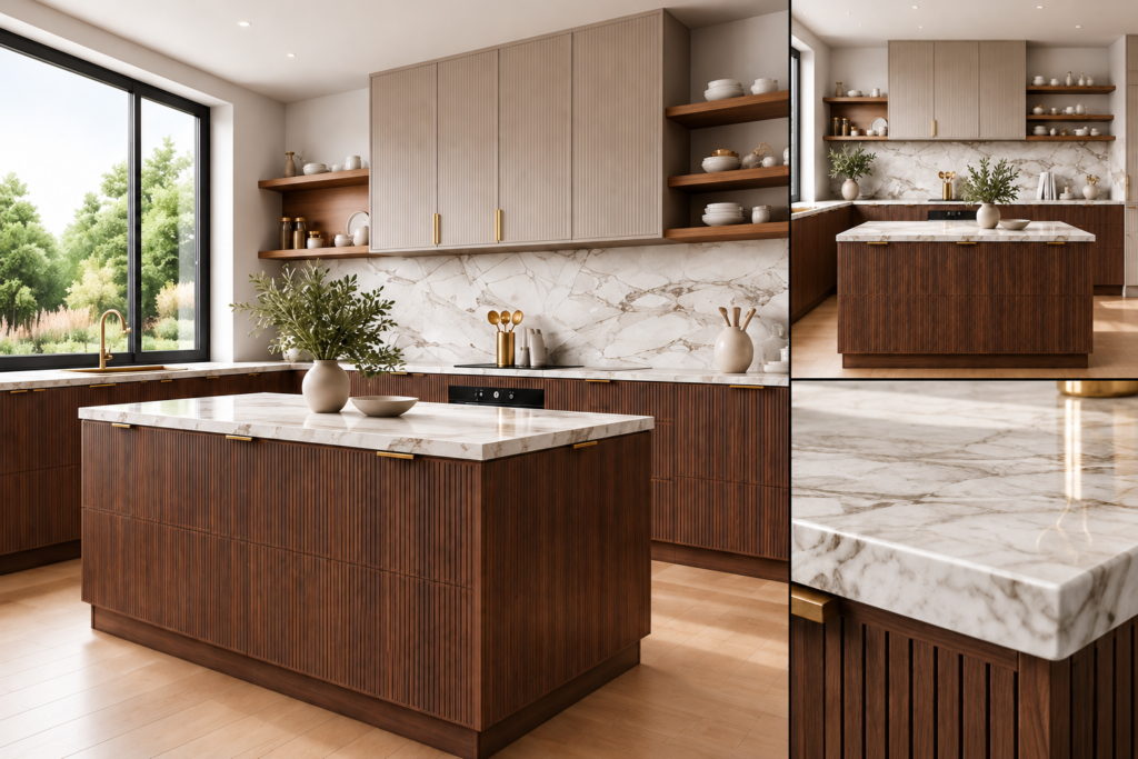 VCCUCINE-BOED Modern Grey Wood-Grain Kitchen Cabinetry with Dark Walnut Fluted Island for AU Apartment Projects