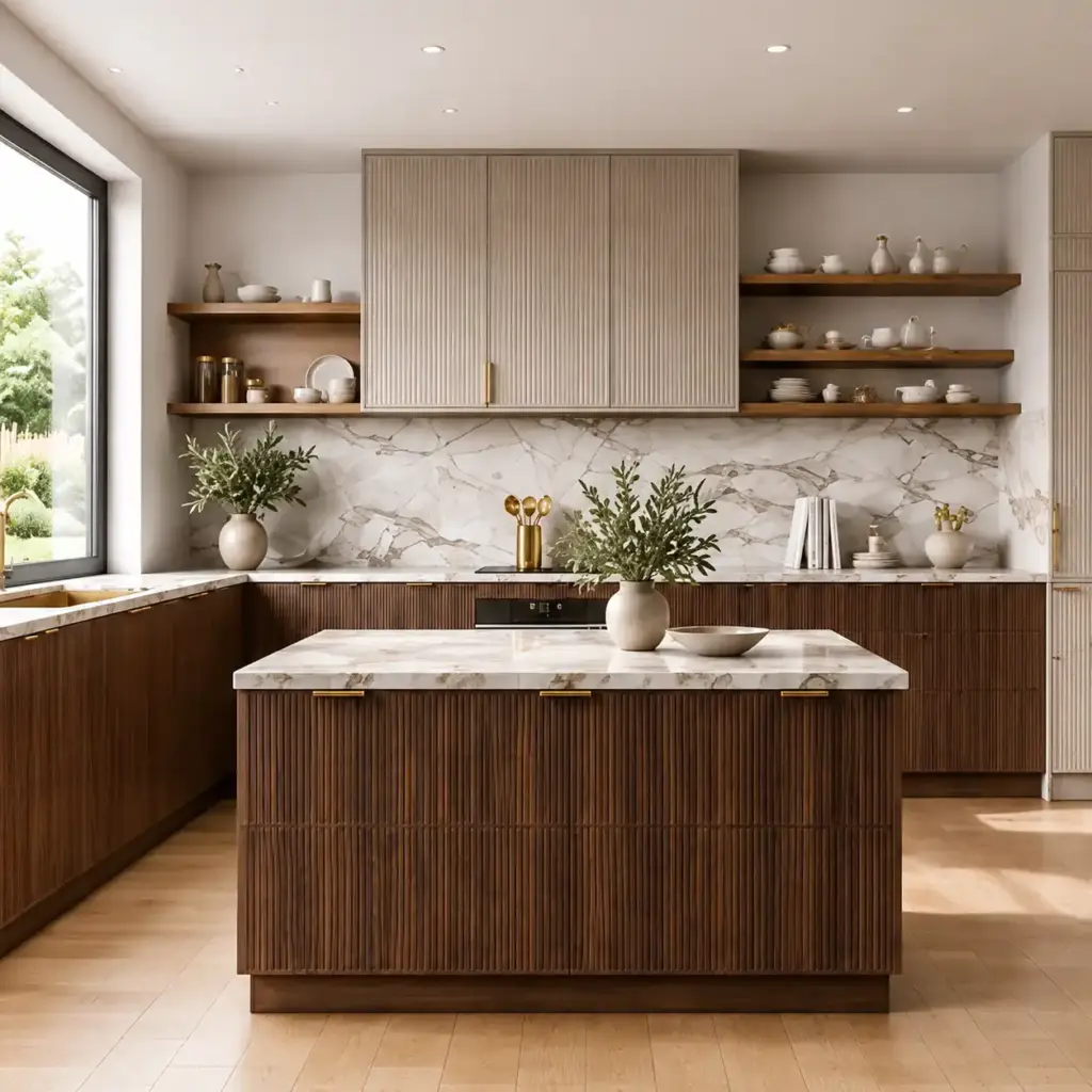VCCUCINE-BOED Modern Grey Wood-Grain Kitchen Cabinetry with Dark Walnut Fluted Island for AU Apartment Projects